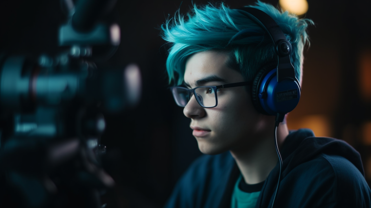 A young person with blue hair, wearing blue headphones, in front of a video camera, creating YouTube content