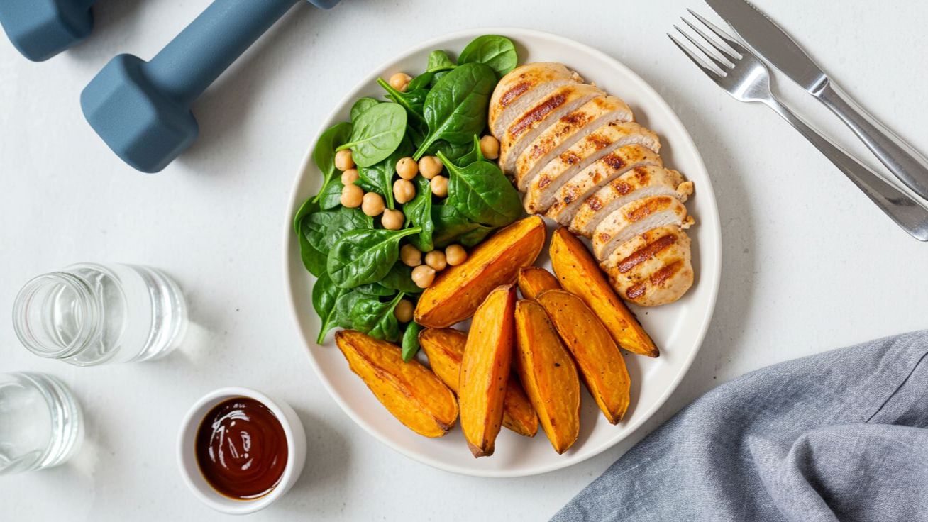 Healthy muscle-building meal with grilled chicken, roasted sweet potatoes, spinach, and chickpeas next to dumbbells