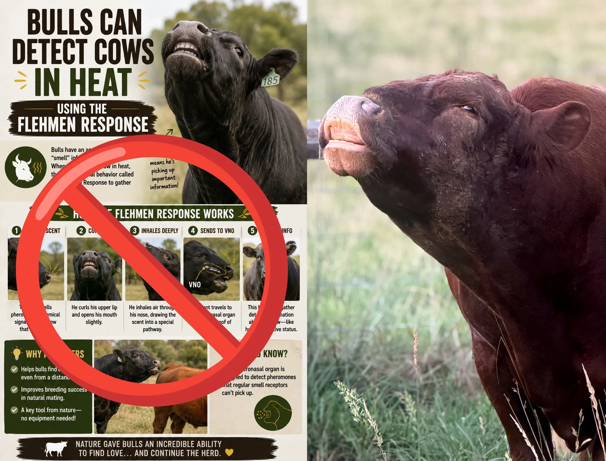 Side-by-side comparison of an inaccurate AI-generated flehmen infographic and Dexter bull Marvel demonstrating the real flehmen response.