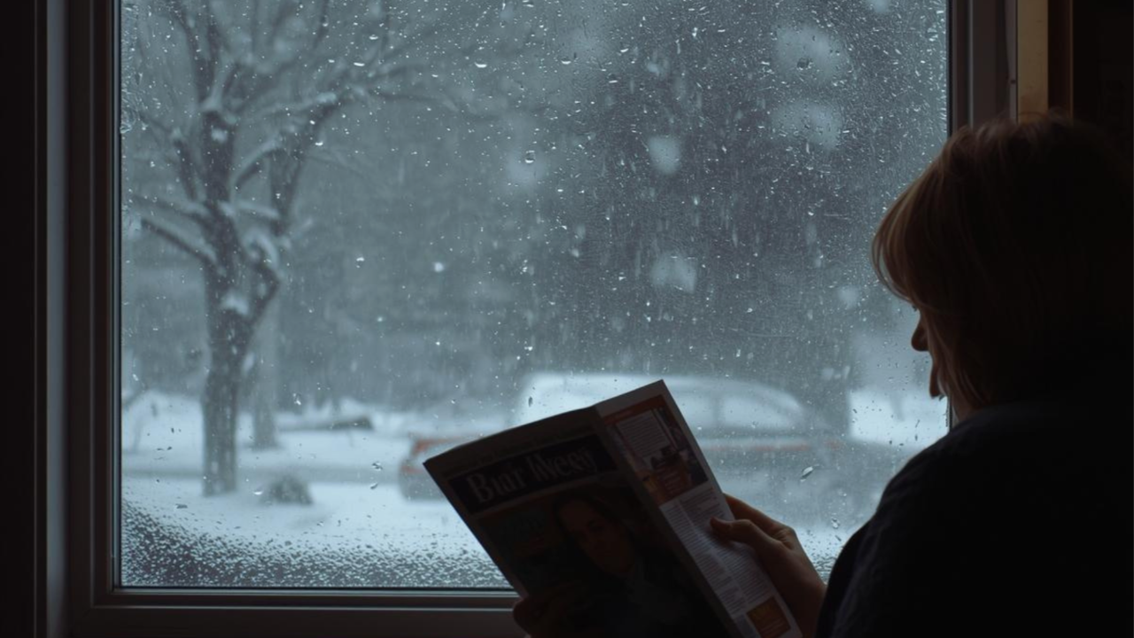 A person reading a magazine by a window, while the weather outside is grey, wet, and cold.