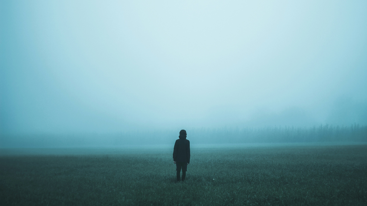 A solitary figure standing in a misty open field, surrounded by fog, conveying a sense of uncertainty and emotional distance.