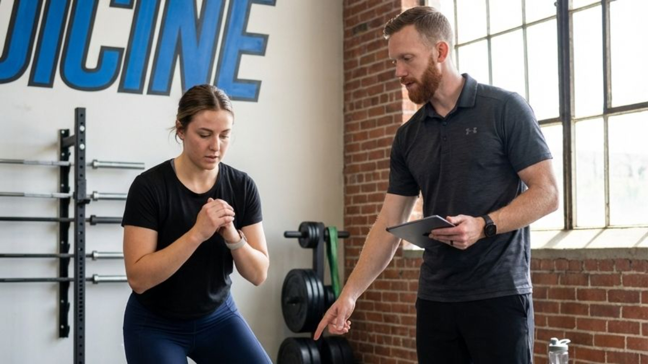 Patient working with a provider at a performance physical therapy clinic in Columbus, OH during a functional movement assessment