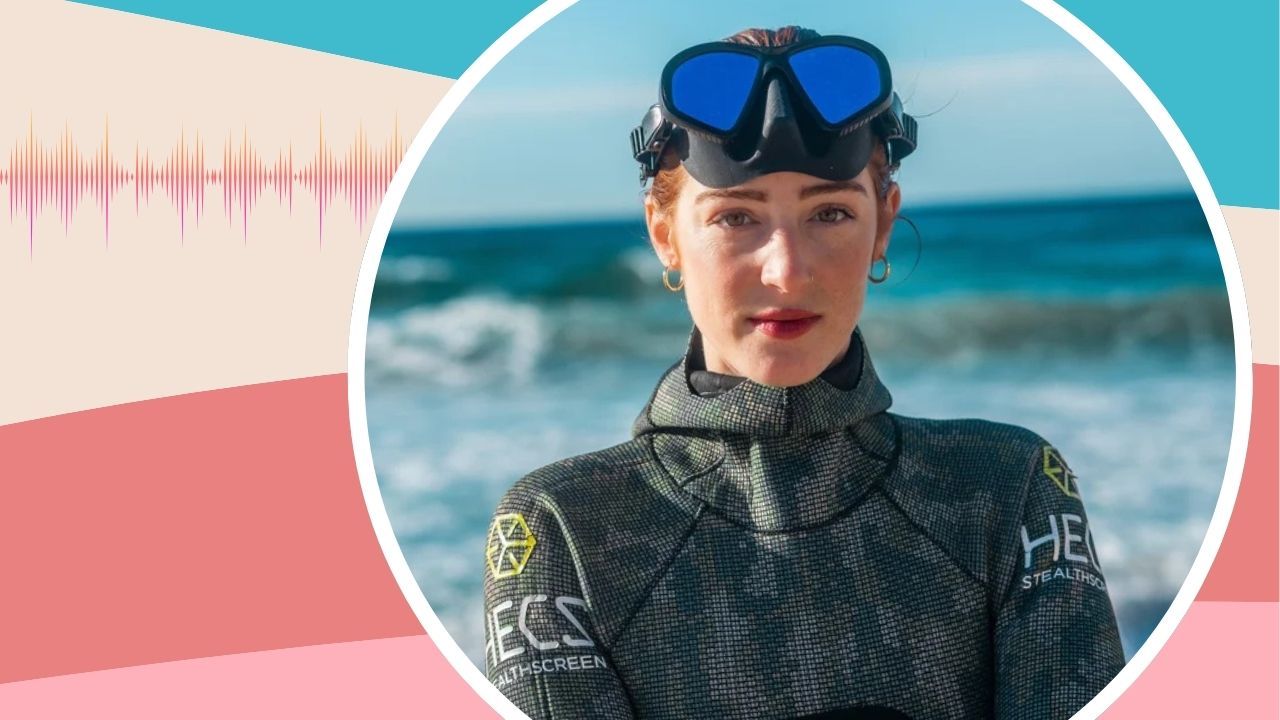 blog header: headshot of naturalist Aliyah Banchik; she is posing on the beach in a wetsuit with a snorkel mask on her forehead