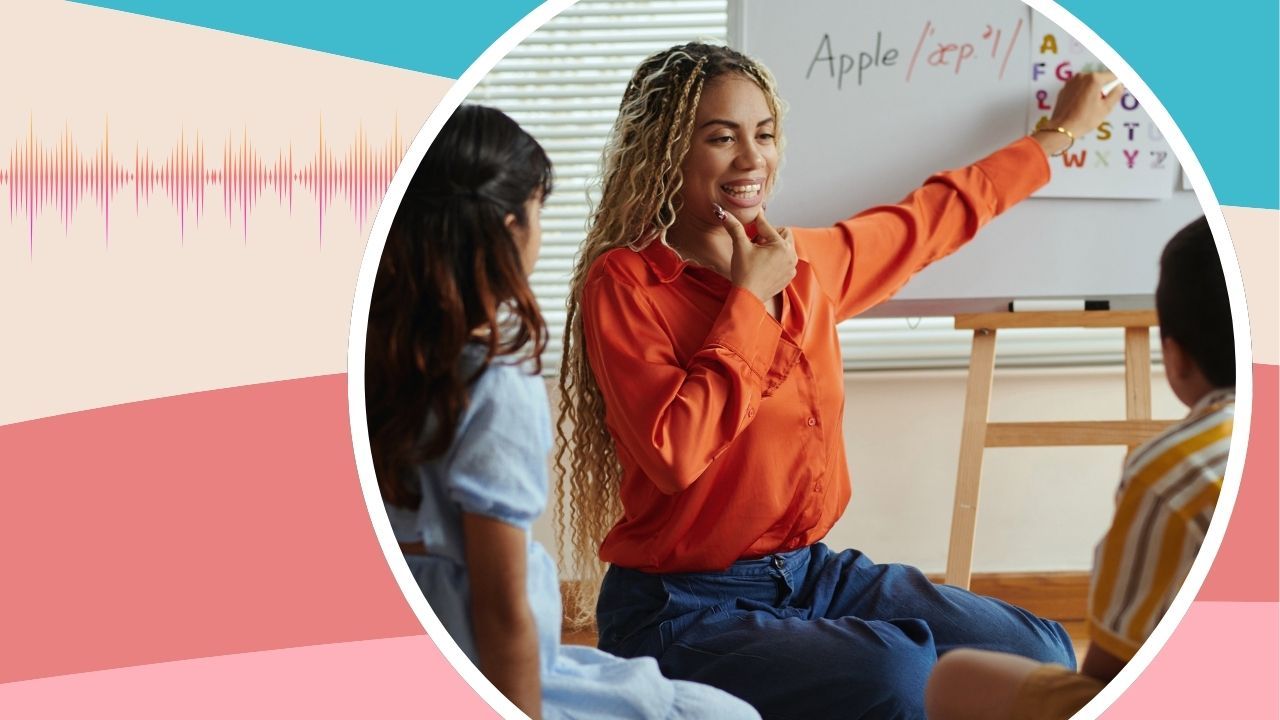 a blog header: photo of a teacher helping two children learning to read
