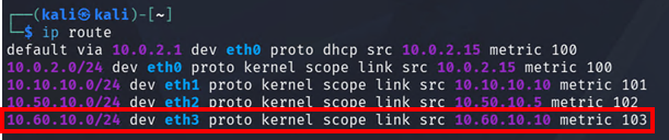 Resultado del comando ip route mostrando acceso a la red 10.60.10.0/24