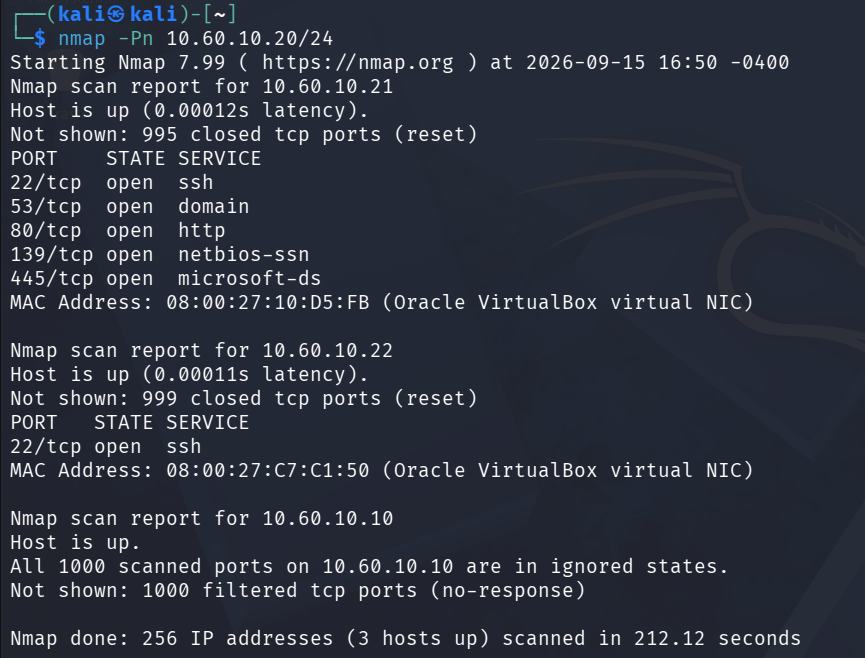 Escaneo Nmap con la opción Pn sobre la red 10.60.10.0/24