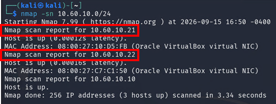 Resultado de Nmap Host Discovery sobre la red 10.60.10.0/24