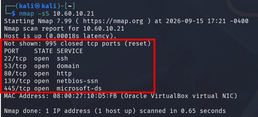Resultado de un SYN Scan con Nmap sobre 10.60.10.21