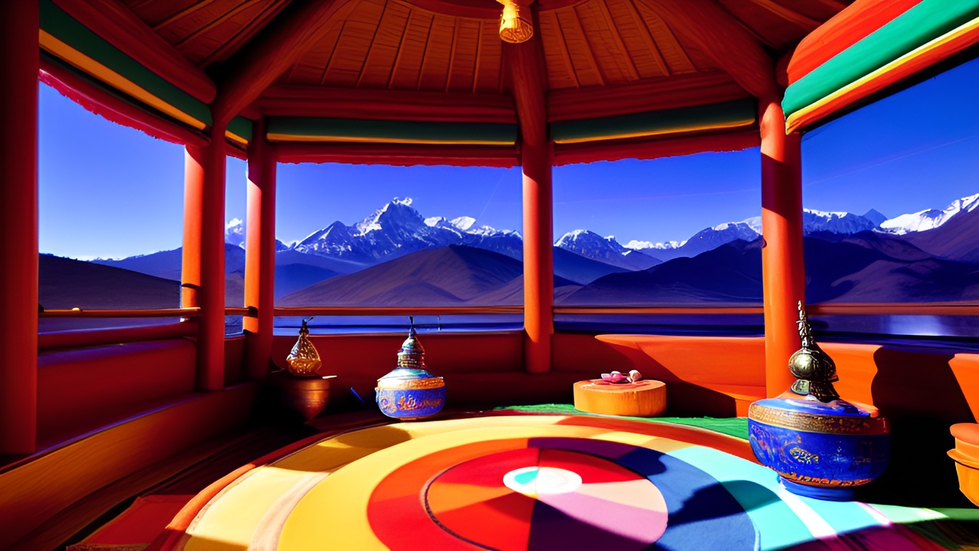 Person experiencing sound healing with Tibetan singing bowls, crystal bowls, and tuning forks, surrounded by calming colors, representing inner harmony and well-being.