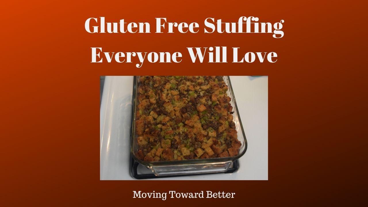Picture of a pan of gluten free stuffing for the blog post Simple Gluten Free Stuffing that wont make you sad