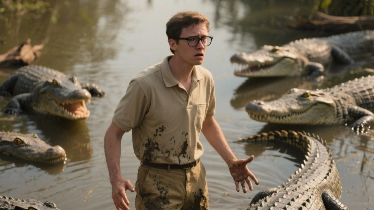 IT Engineer standing in a swamp with alligators