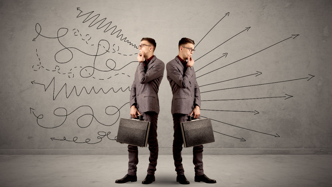 Man looks in two directions, one has clarity, the other is confusion