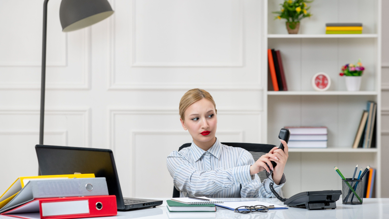 Woman holding phone away from her looking at it in dismay