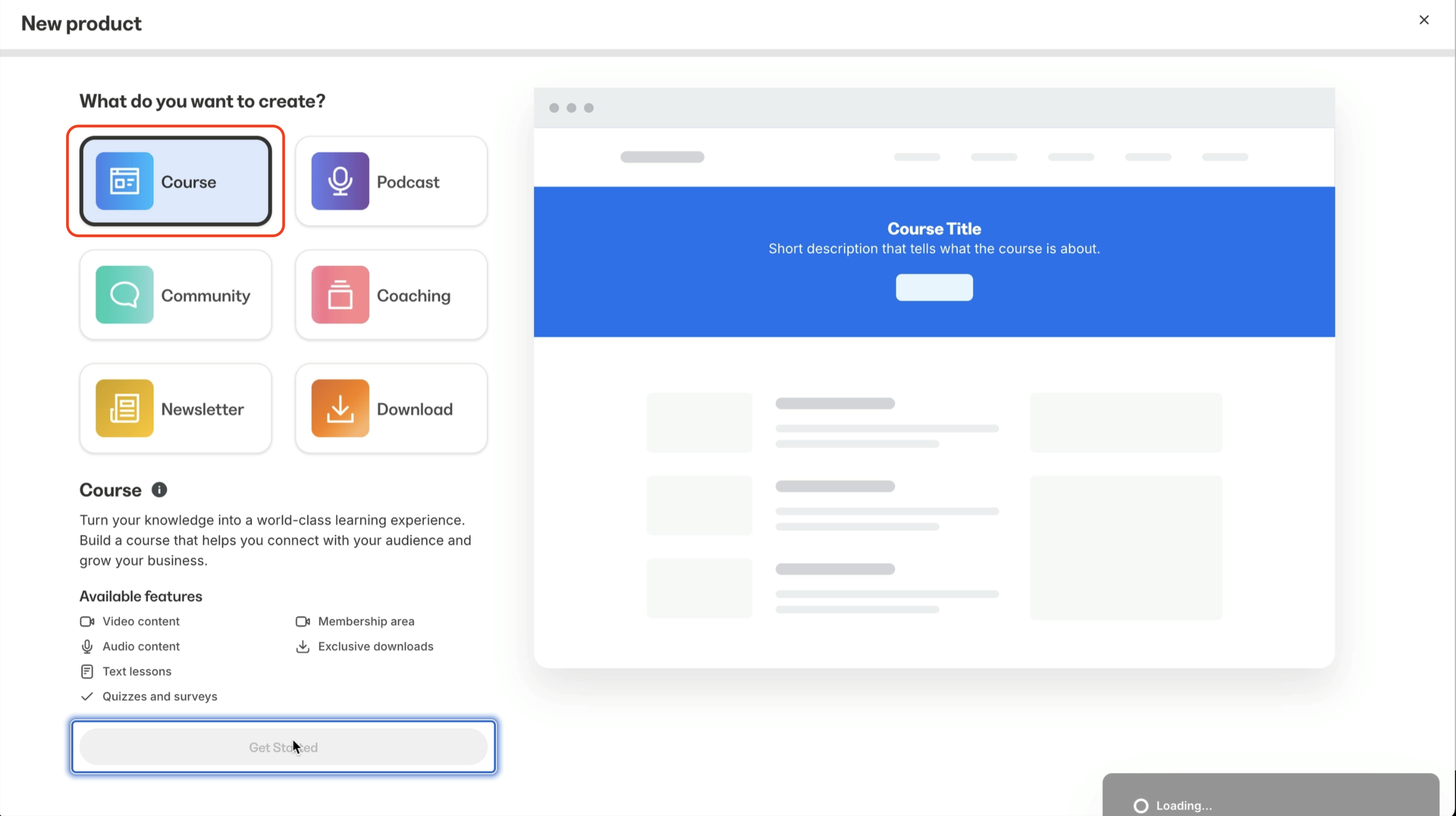 Kajabi product selection screen showing options for courses, coaching, and newsletters.