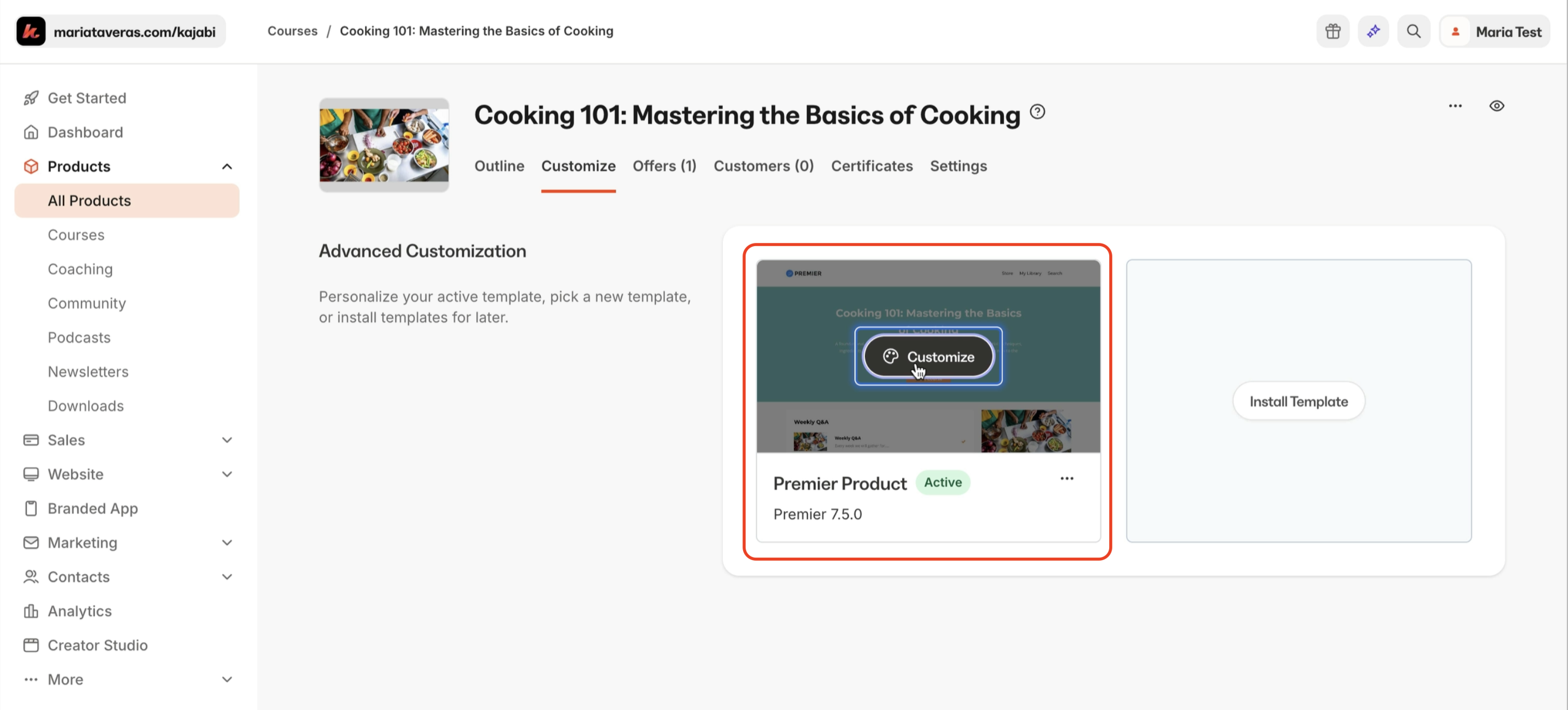 Kajabi course customization screen showing branding and layout options.