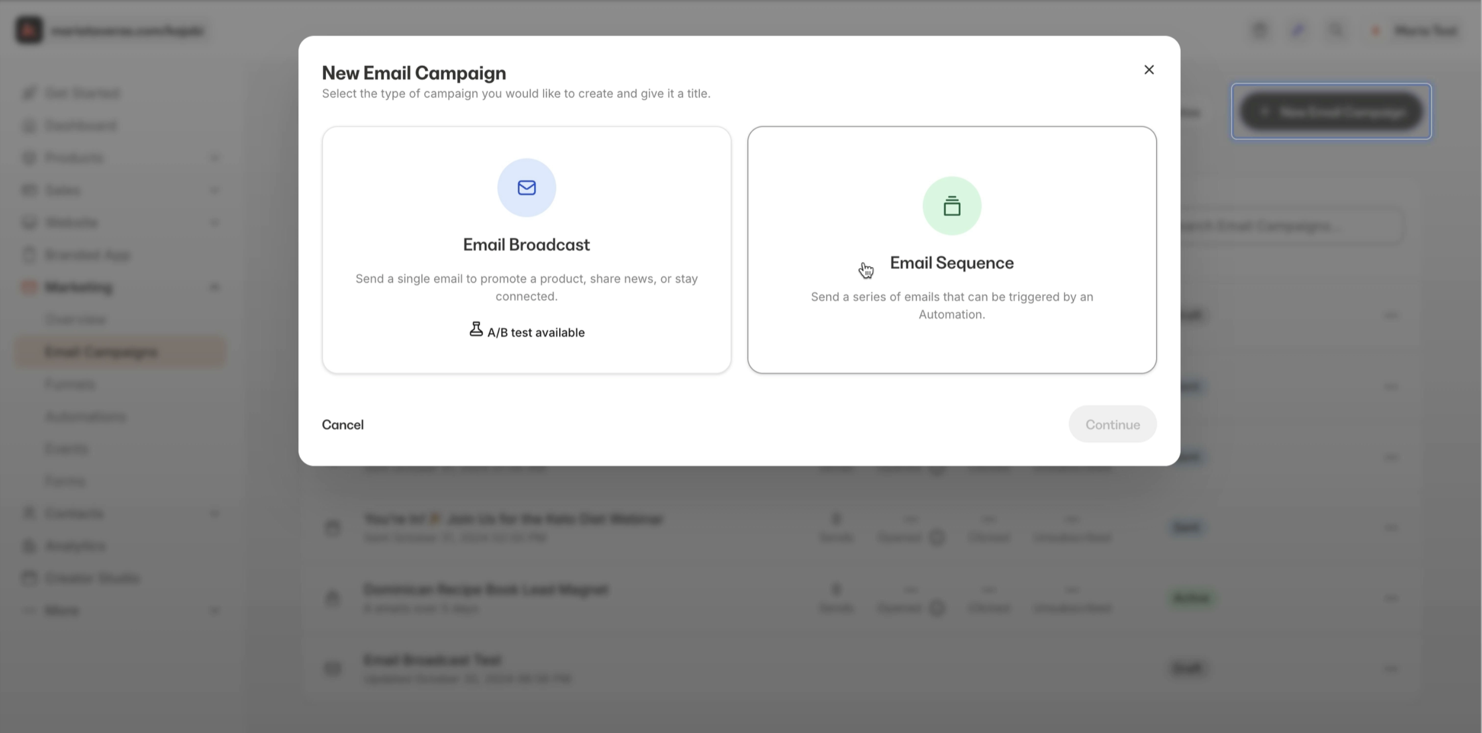 Kajabi email sequence creation page with automation options.