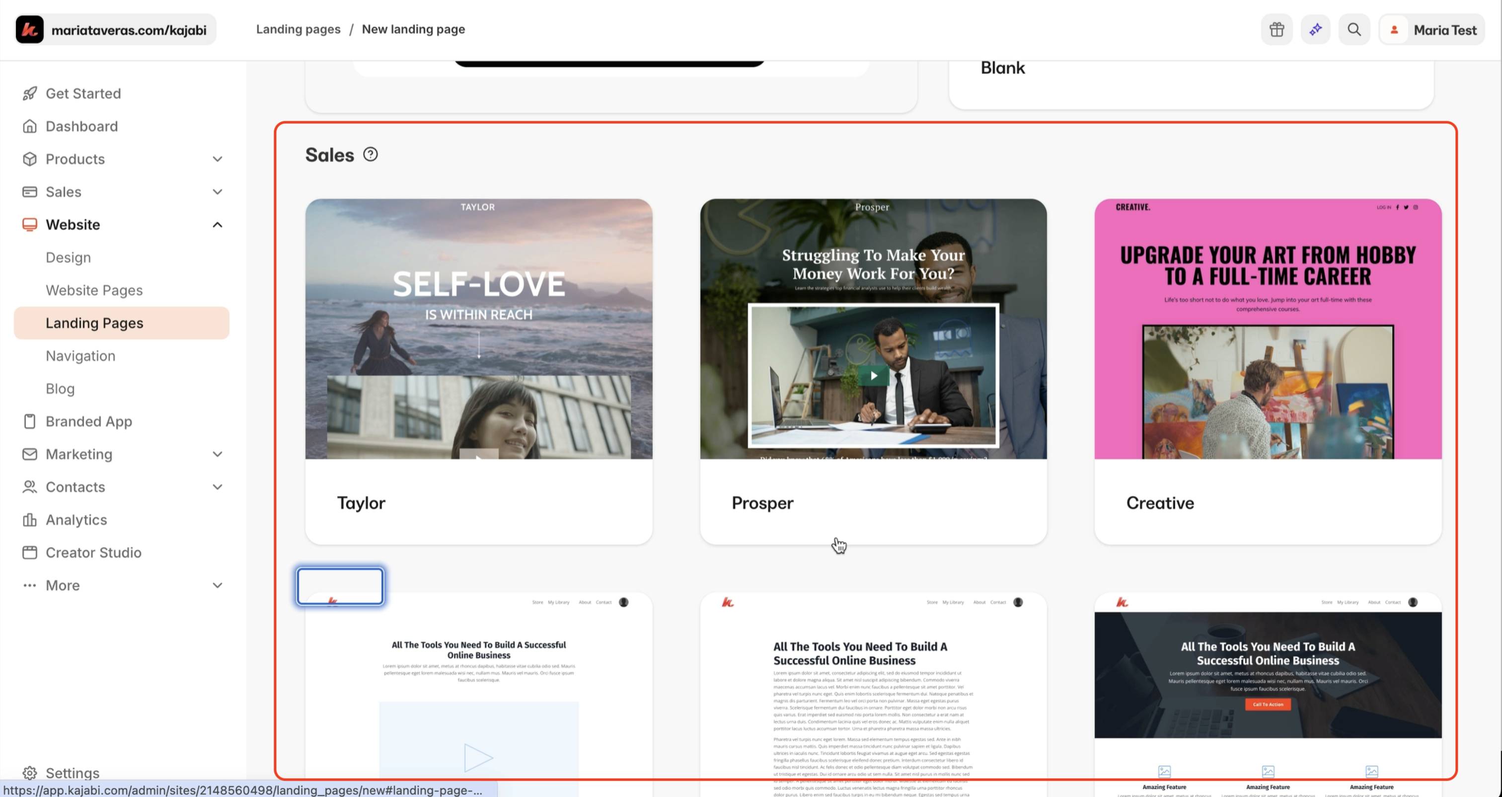 Kajabi sales page templates showing various layout options.
