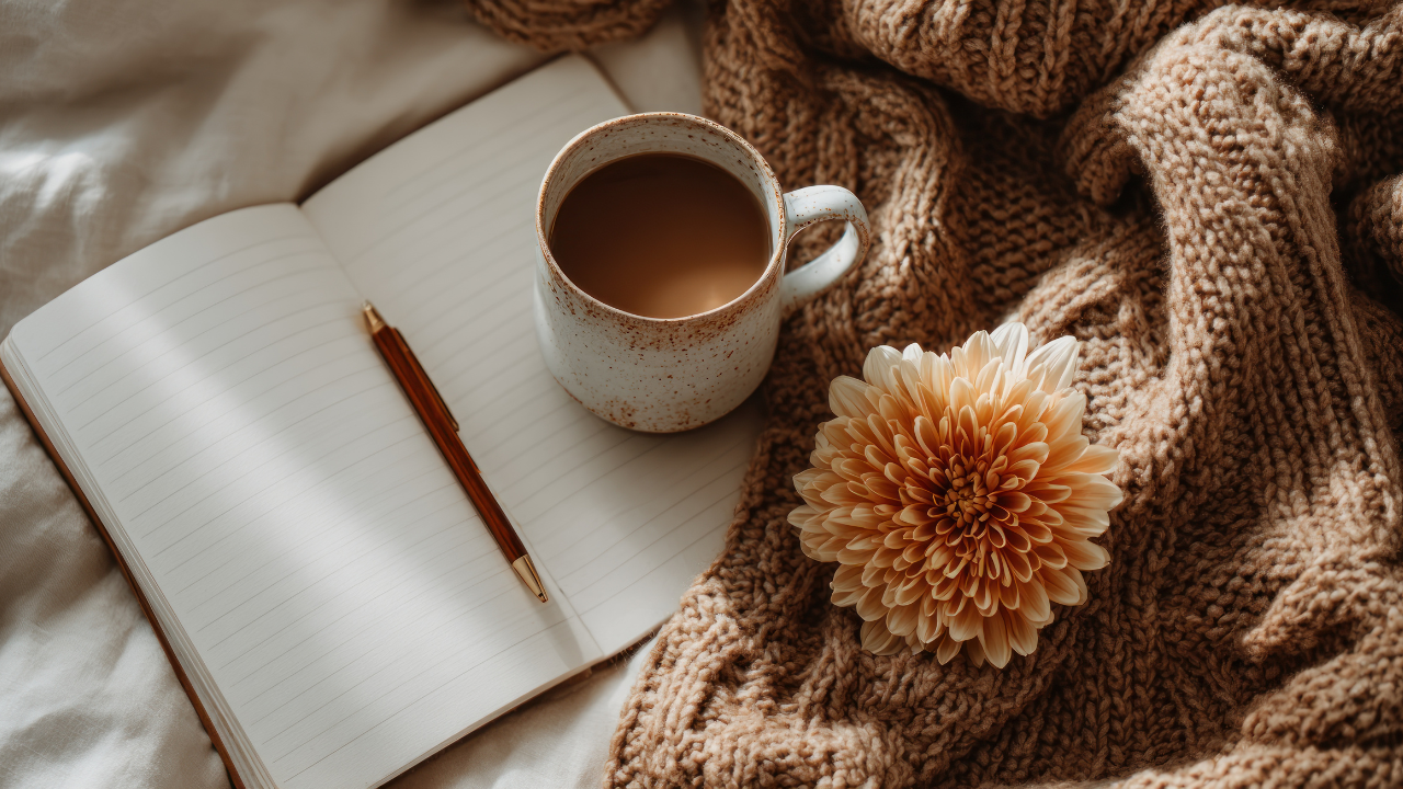 cozy journal scene with coffee and knit blanket