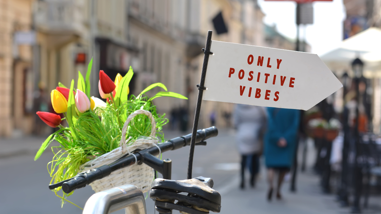 The image features a bicycle with a basket on the handlebars, filled with vibrant tulips and greenery. Attached to the bike is a sign that states 