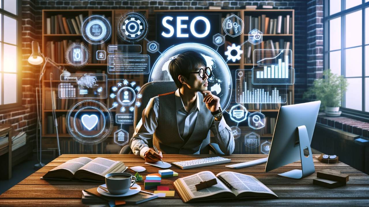 An East Asian male medical writer is focused on his computer in a well-organized workspace, with floating digital icons related to SEO strategies for healthcare content, including keywords, search engine graphics, and visibility metrics, emphasizing the importance of SEO in medical writing.