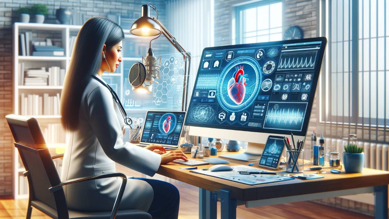 A South Asian female doctor in a modern home office, focusing on managing a medical digital course, with a computer showing technical course creation software, a microphone for recording, and a digital screen displaying course modules and technical charts, representing the integration of medical knowledge and digital technology in course management.