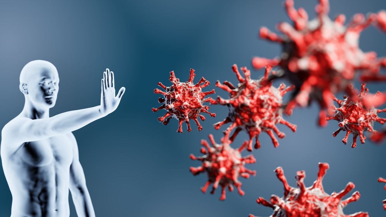 man pushing viruses away from him