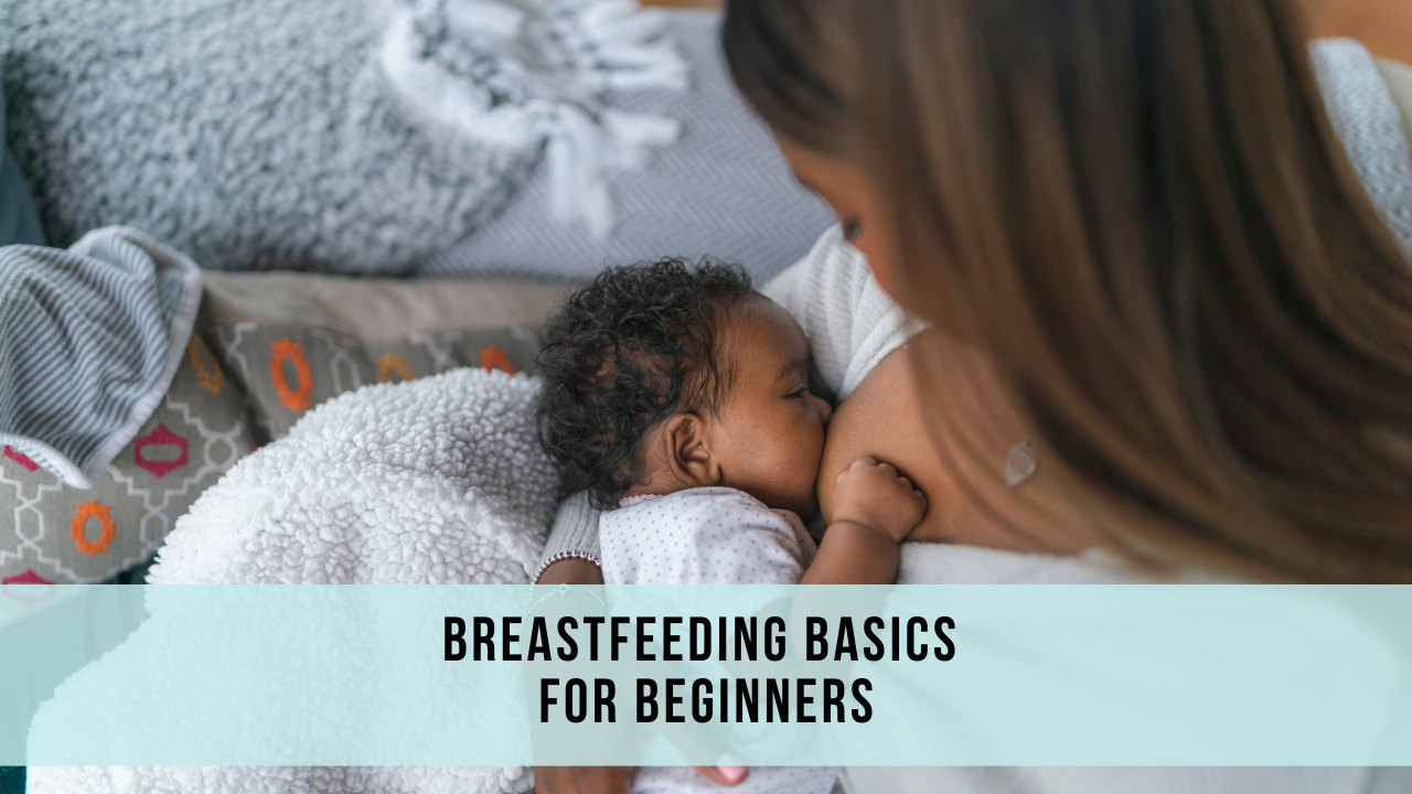 A newborn baby is latched to his mother's breast while direct breastfeeding. 