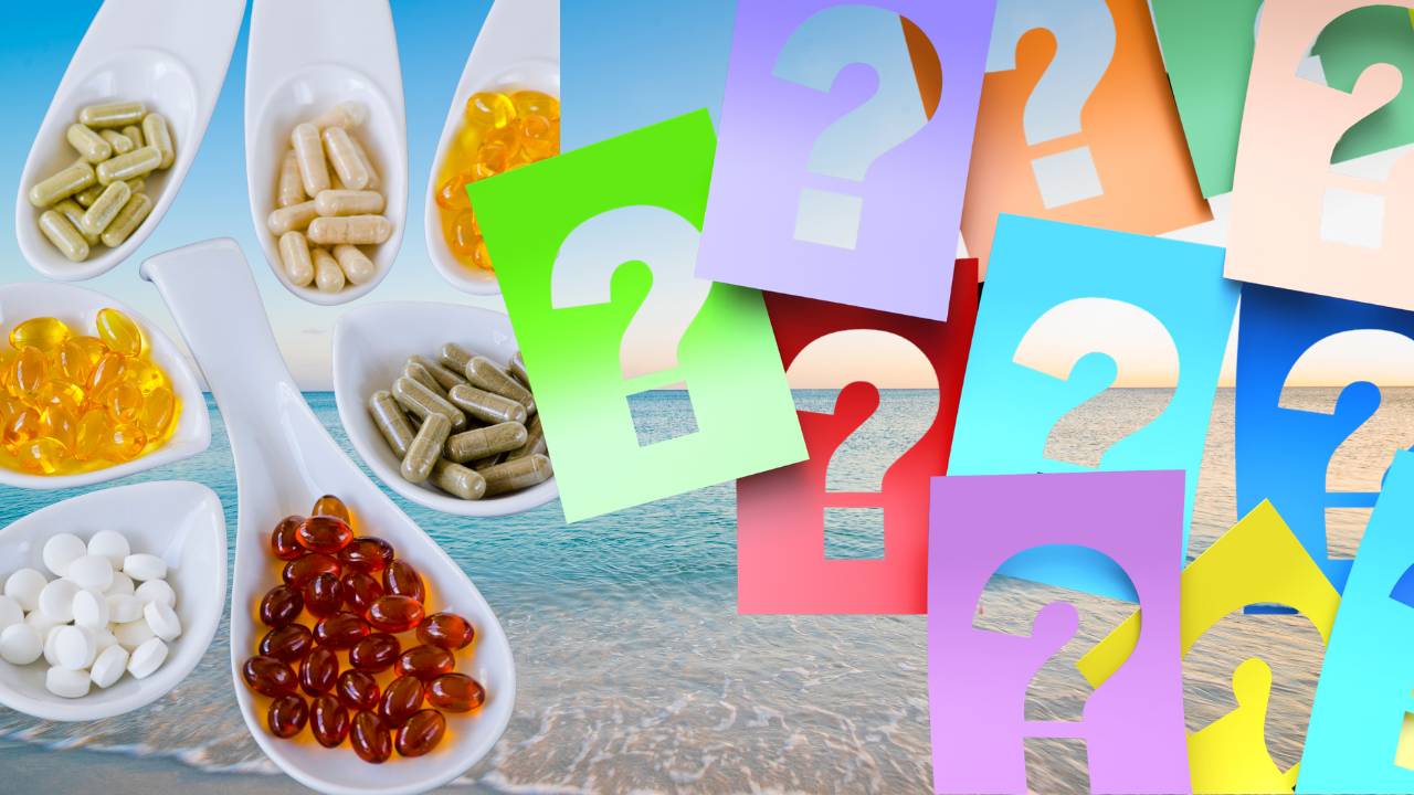 various supplements and vitamins with question marks overlay, illustrating the question of whether supplements alone can improve health compared to nervous system balance and calm