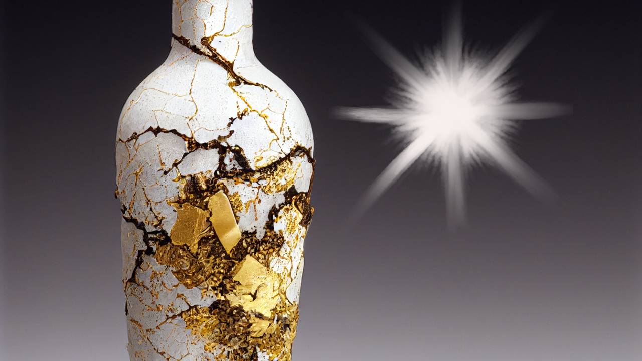 cracked ceramic vase repaired with gold, representing the beauty of imperfection and finding peace through embracing flaws