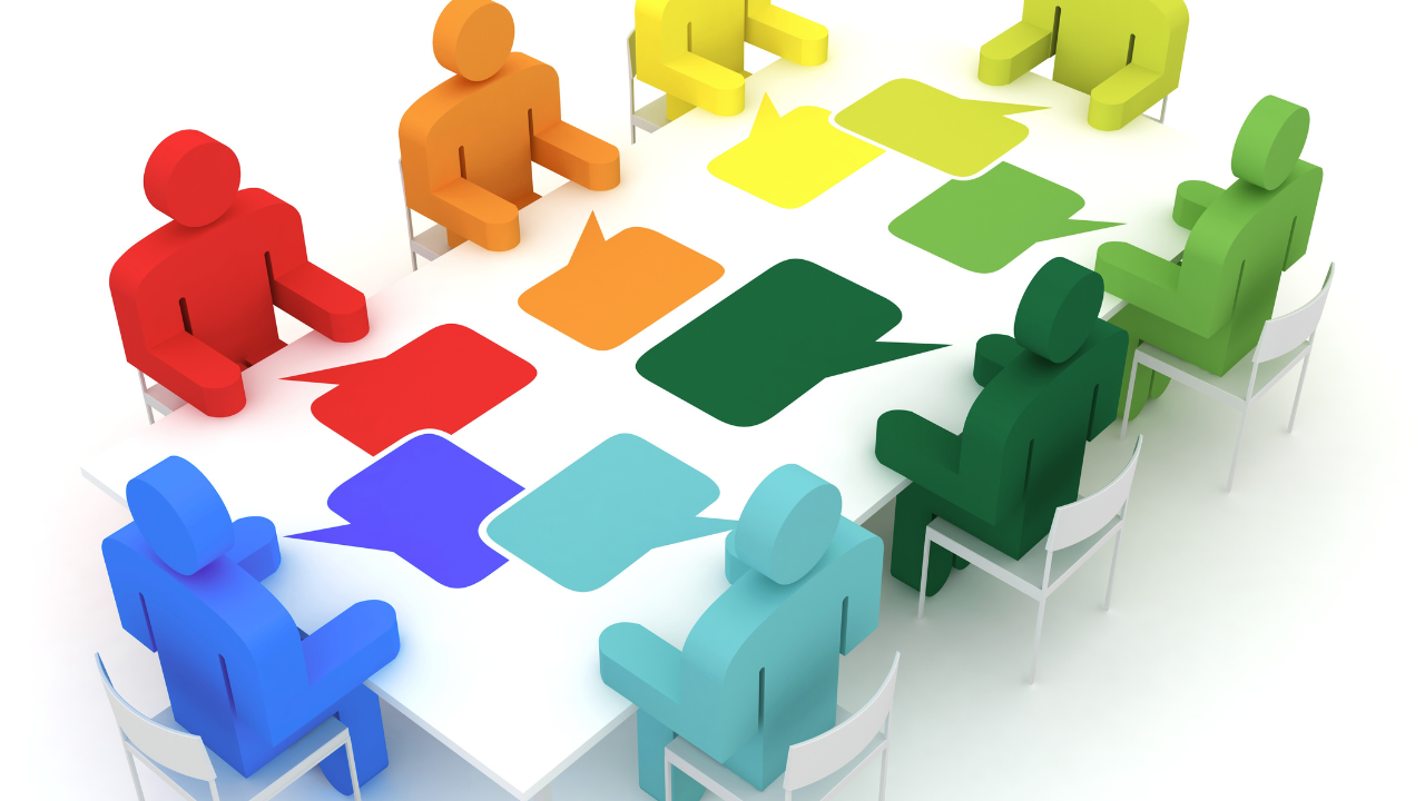 group of diverse figures seated around a table with colorful speech bubbles, symbolizing hormones as messengers and the importance of listening to the body’s signals for balance, wellbeing, and leadership