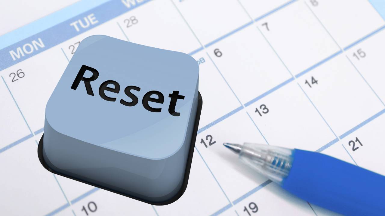 calendar with a reset button, representing a weekly reset ritual to restore clarity, reduce stress, and support emotional and mental balance