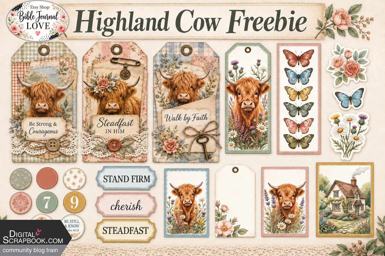Free Highland Cow printable mini kit for Bible journaling and junk journals