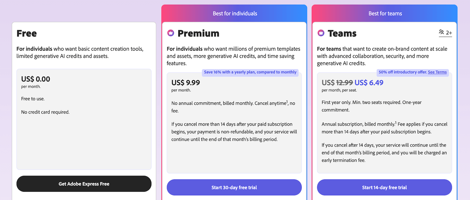 Chart showing Adobe Express pricing and features included in different subscription plans.