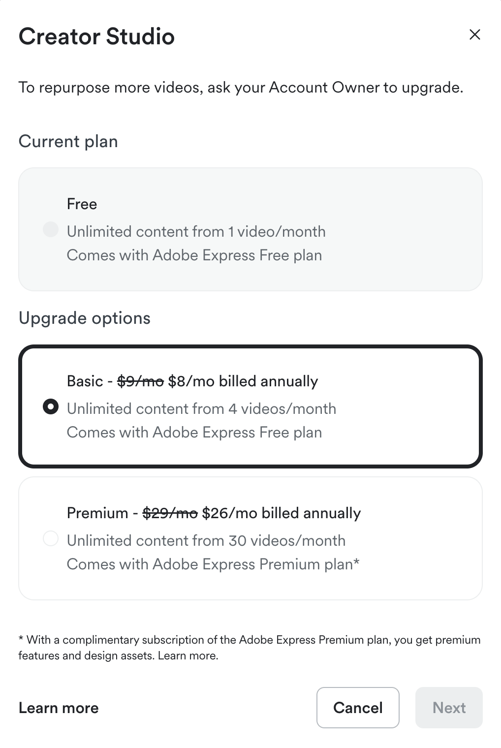 Chart showing pricing and features of Kajabi Creator Studio across different subscription plans.