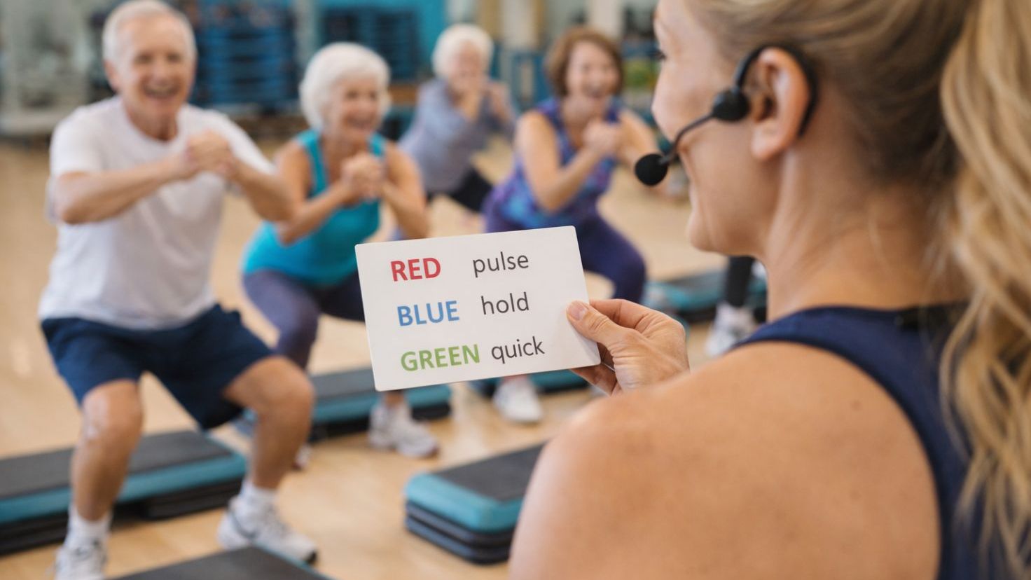 Group fitness instructor wearing a headset holds a cue card with red, blue, and green rules while participants squat in the background.