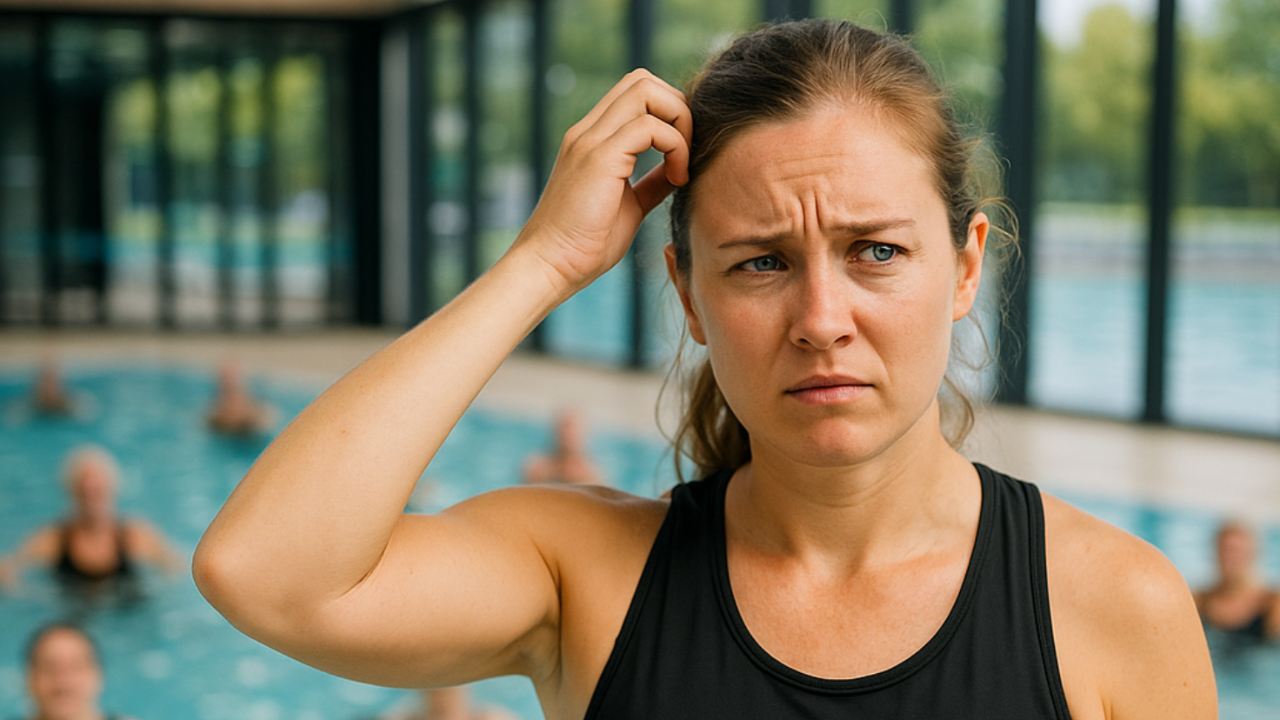 Aqua instructor standing on the pool deck scratching her head while blurred participants exercise in the water behind her.