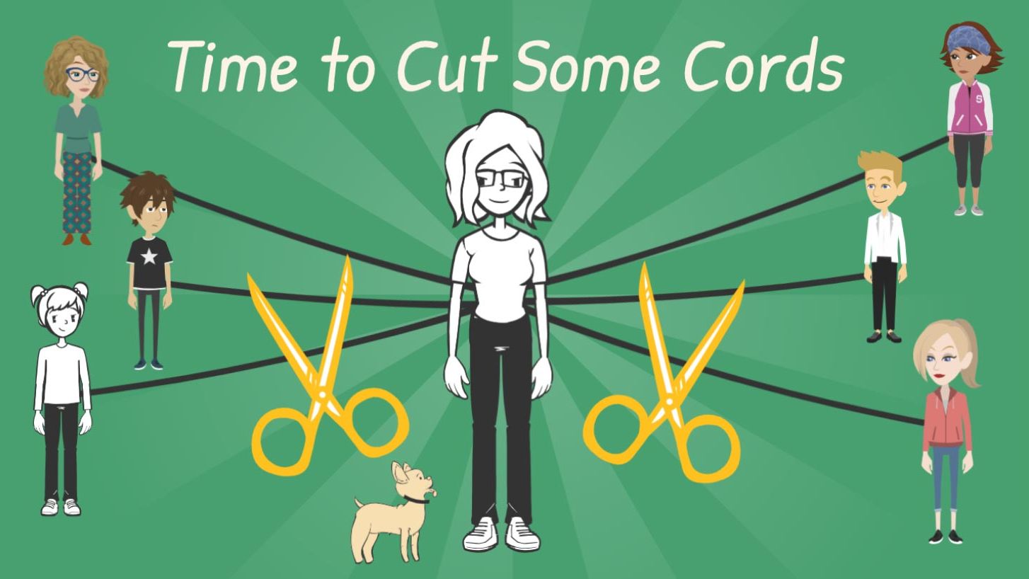 Illustration of Charis Santillie with cords connected to other people plus other versions of herself being cut with gold scissors