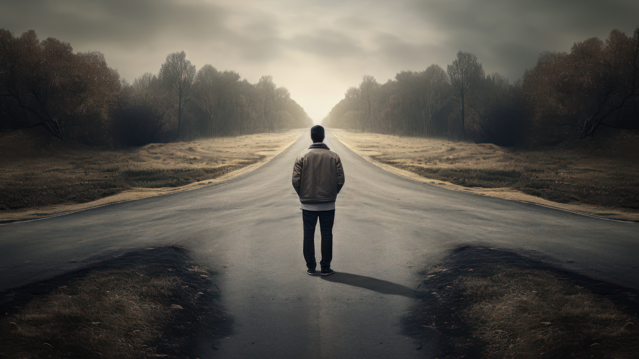 Person standing at a crossroads under cloudy skies, symbolizing choice, growth, and decision-making.