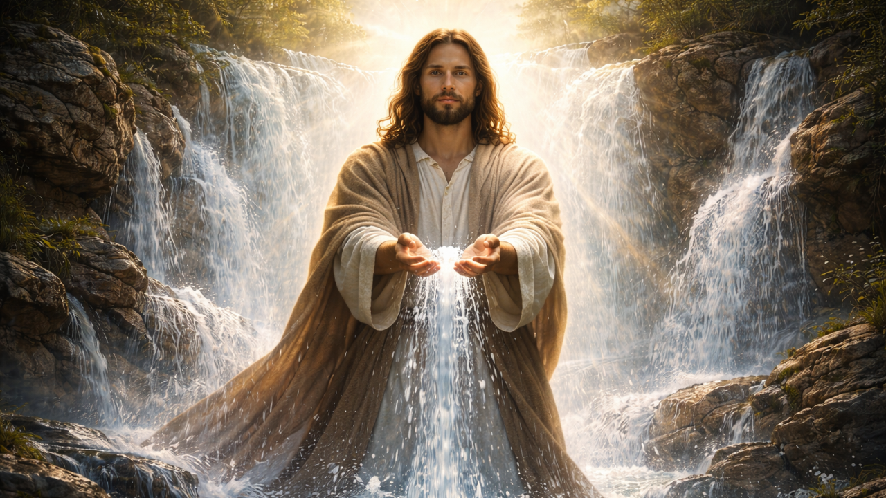A waterfall runs into a river of running water, with the Living Water, Jesus Christ.