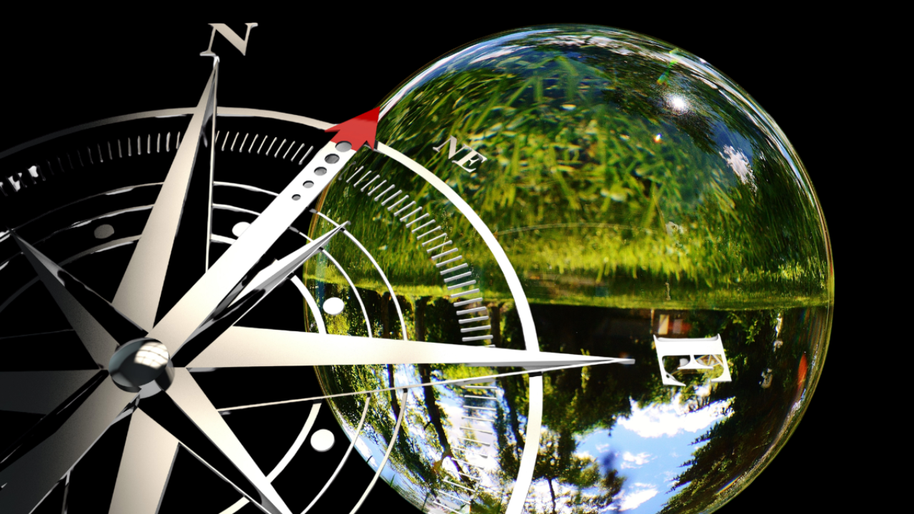 Compass overlay pointing forward over a path lined with flowers and greenery, symbolizing clarity, direction, and moving forward with purpose and aligned insight