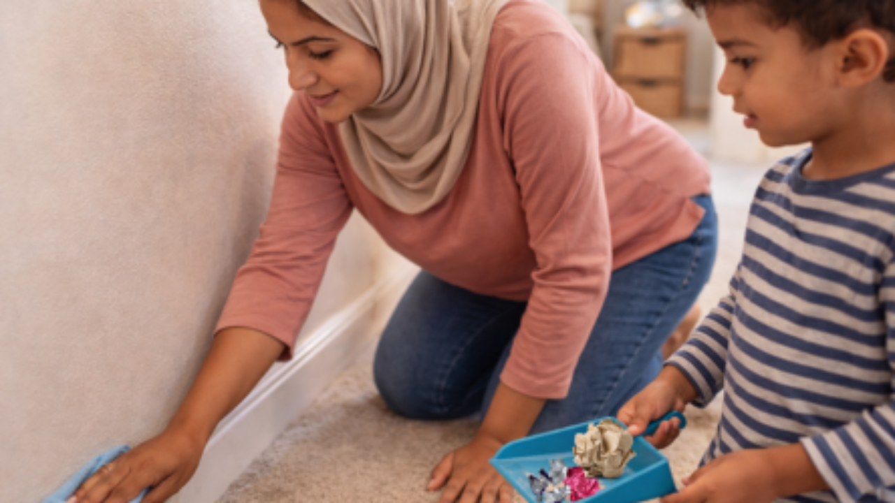 Middle Eastern mother wiping baseboards while her young child holds a dustpan with wrappers and trash, illustrating a practical monthly home cleaning routine and shared family responsibility.