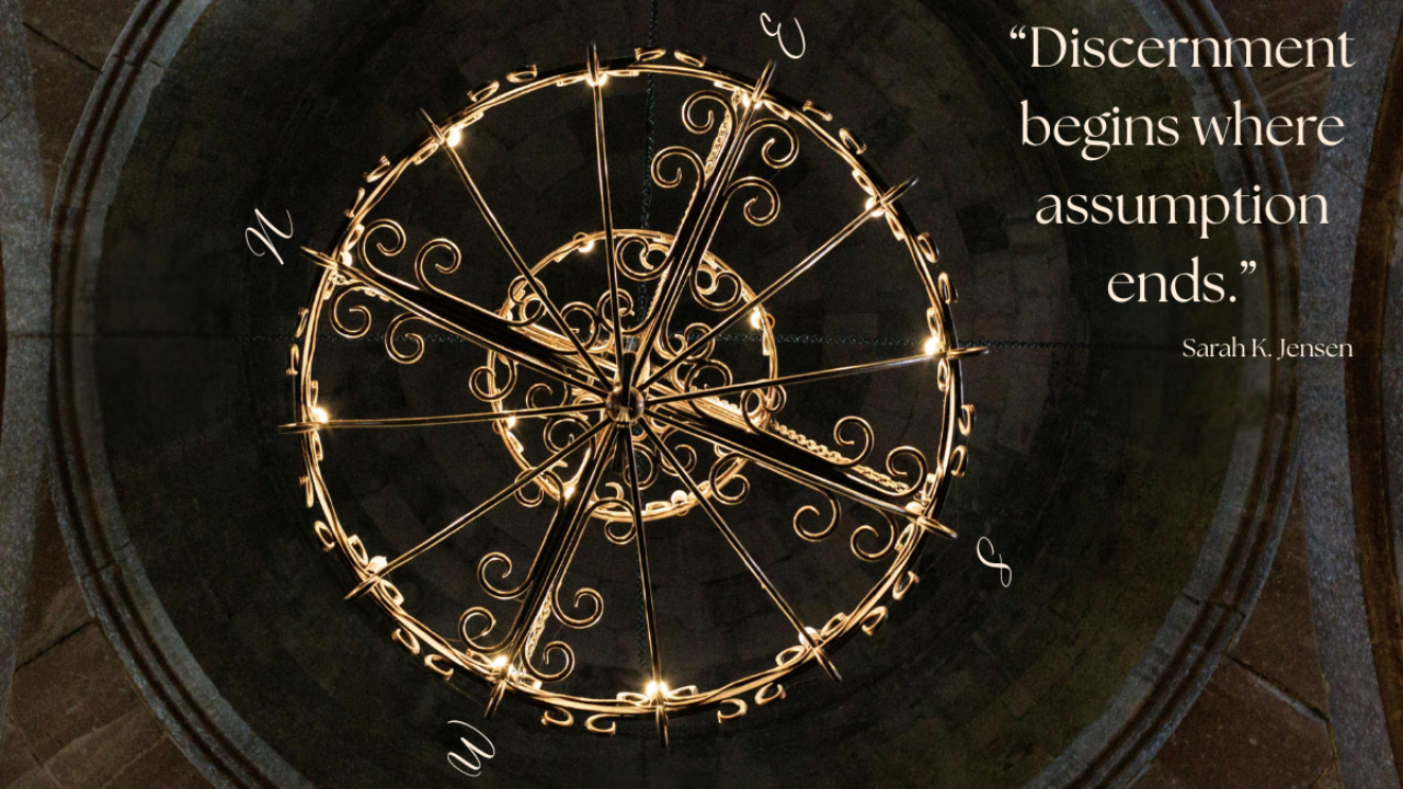 Ornate compass glowing with warm light, symbolizing guidance and inner direction, paired with the quote “Discernment begins where assumption ends.” — Sarah K. Jensen