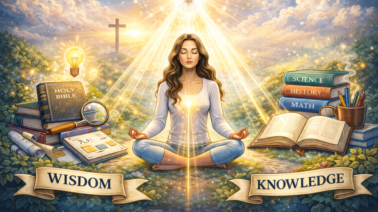 A woman sitting peacefully in meditation as light from the Holy Spirit shines down, with the Holy Bible and academic books on either side, representing God uniting knowledge and wisdom through His Spirit.