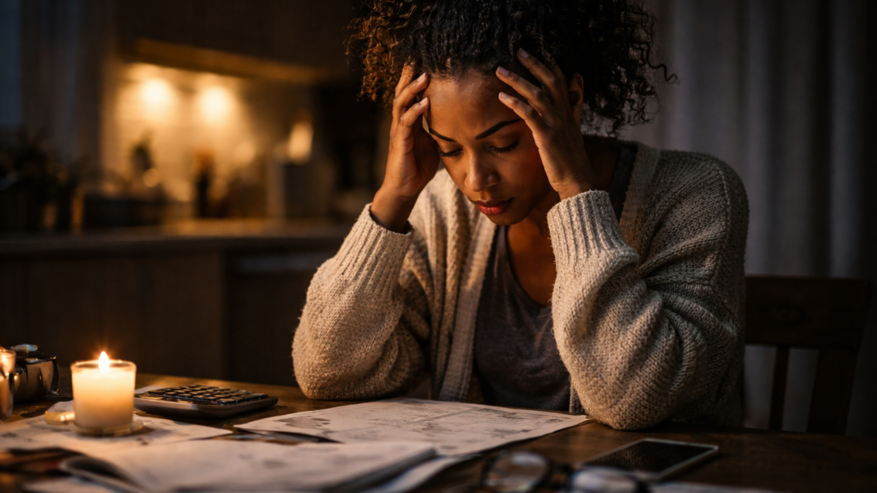 A woman sitting alone at a kitchen table late at night, holding her head in stress while looking at bills, representing pressure, overwhelm, and the loss of agency under stress.