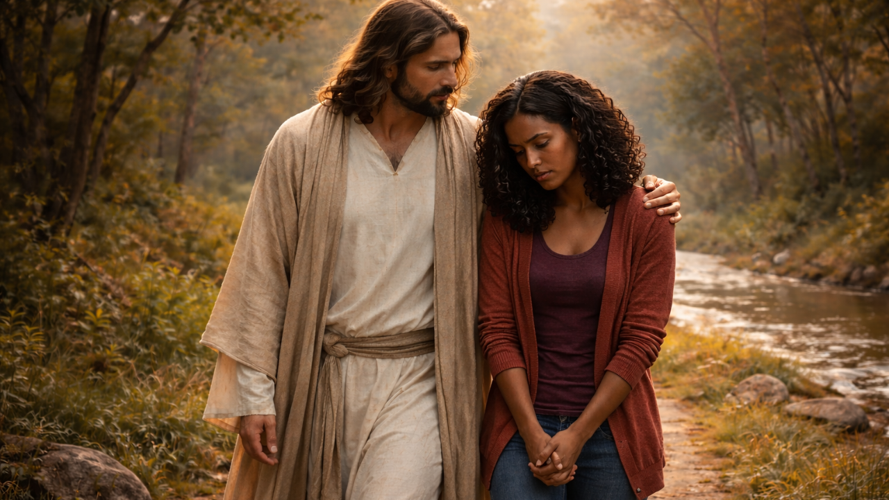 Jesus walking beside a troubled Black woman along a wooded path, offering quiet comfort and presence during a difficult moment.