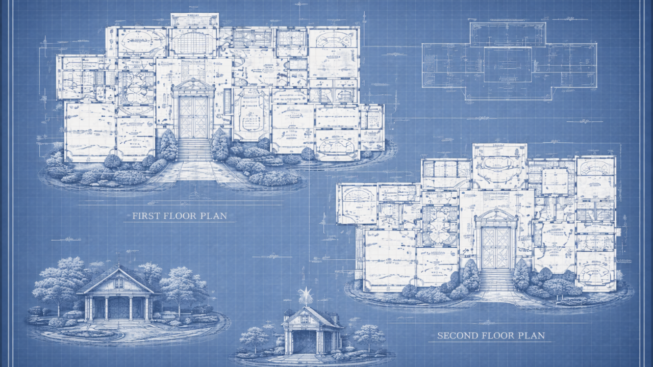 Architectural blueprints of a mansion floor plan drawn in white lines on blue paper, symbolizing vision, structure, and intentionally designing success.