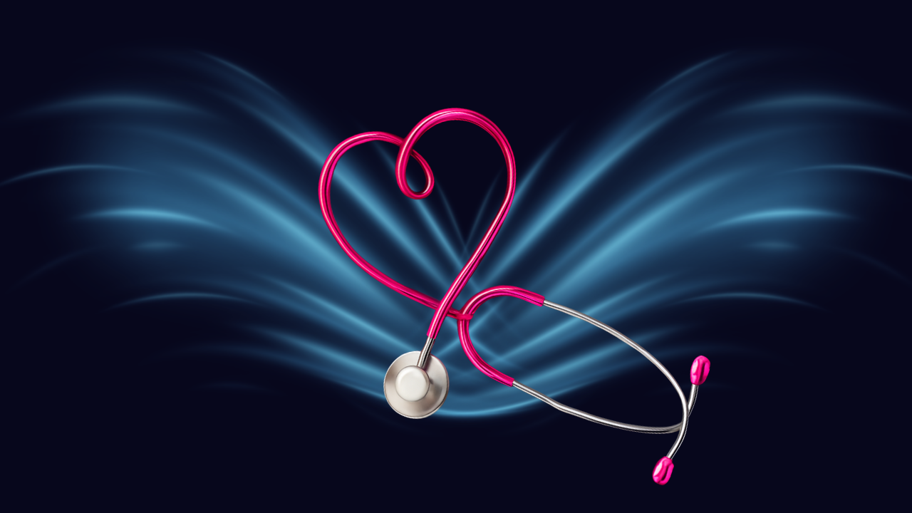 Pink stethoscope shaped into a heart against a dark background with flowing light, symbolizing compassion, healing, and the Healer’s ability to care for others with strength and presence