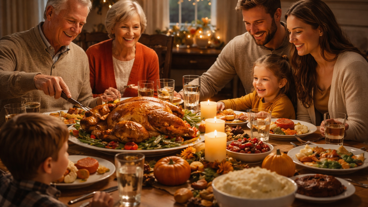 Multigenerational family gathered around a table enjoying Thanksgiving dinner, sharing a roasted turkey and traditional holiday dishes in a warmly lit home.