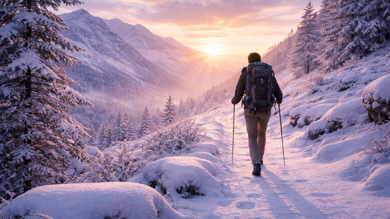 Landscape image of a lone hiker walking along a snow-covered mountain trail at dawn, surrounded by soft winter tones of white, blue, pink, and lavender, symbolizing active faith and moving forward under divine timing even without full clarity.
