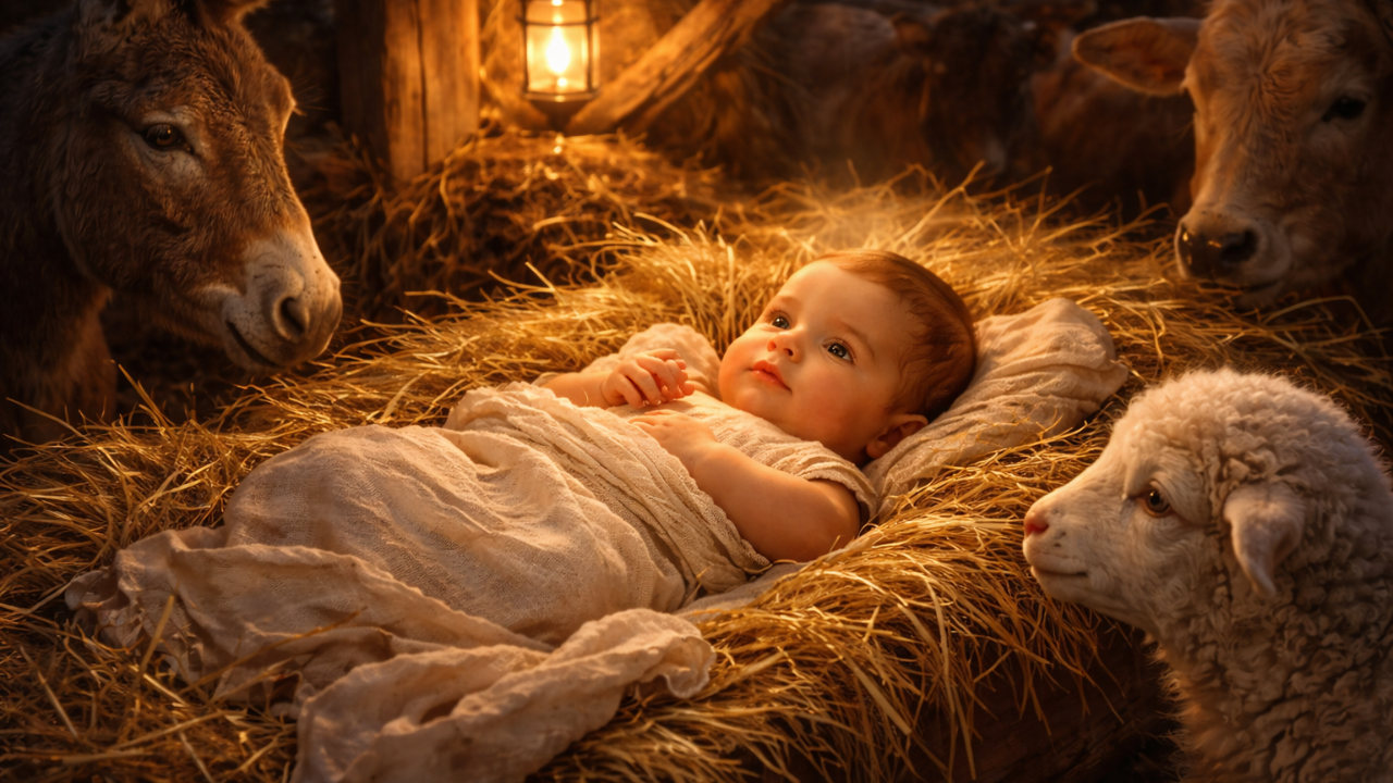 The Christ child lying peacefully in a manger, softly illuminated by warm lantern light, surrounded by straw and gentle animals in a quiet nativity setting.